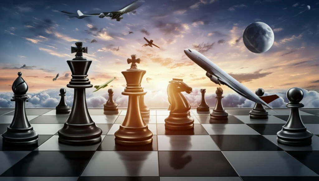 Chess game on an airplane wing symbolizing airline revenue management