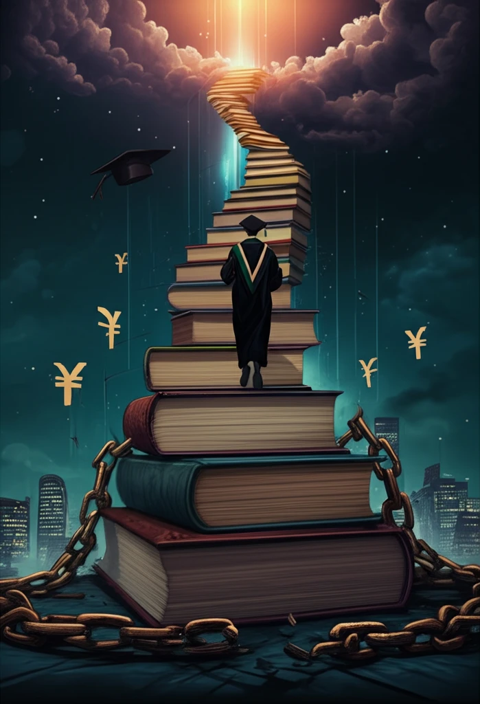 Nigerian graduate climbing a staircase of books towards a city of opportunity.