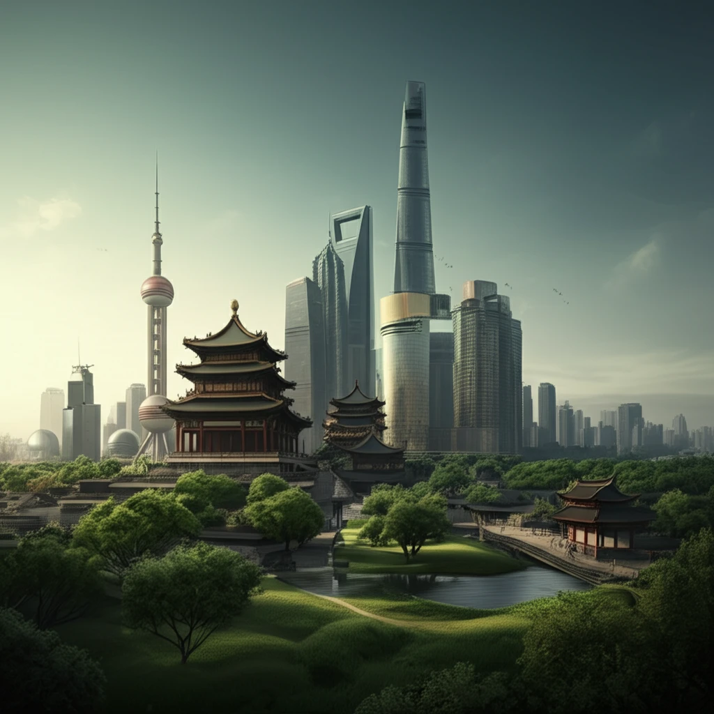 Beijing and Shanghai skylines merging into a thriving landscape, symbolizing decoupling.