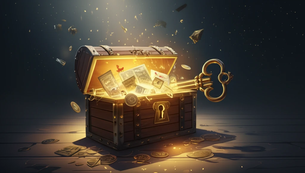 Golden key unlocking a treasure chest of diverse assets, symbolizing the potential of noncash asset fundraising for nonprofits.