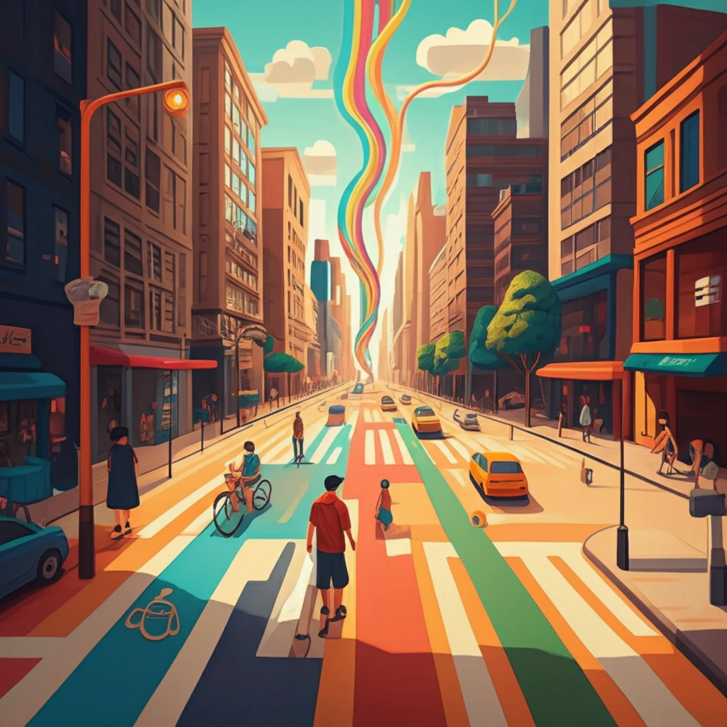 City street with extended walking paths connecting to public transport.