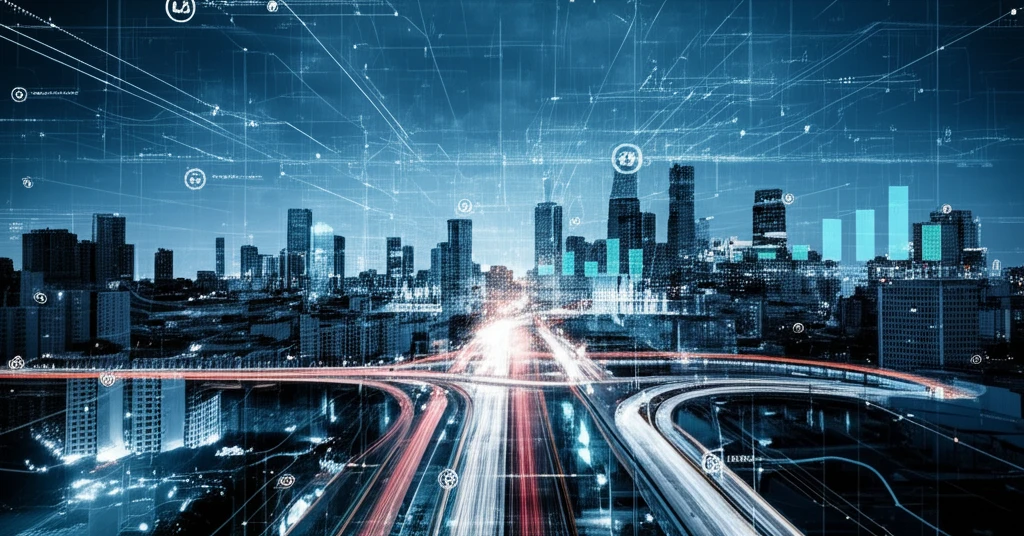 City skyline with glowing bus routes representing traffic analysis
