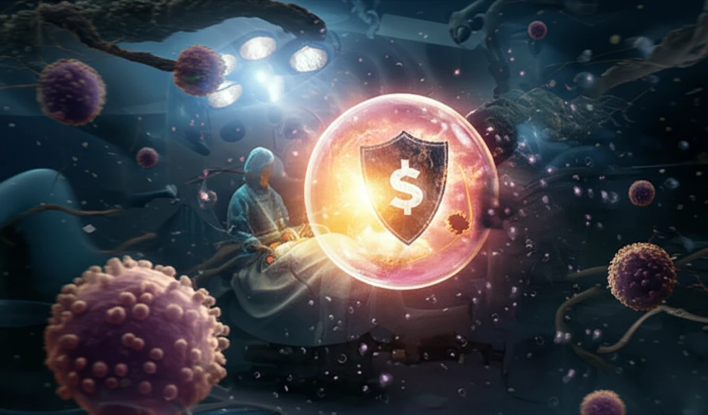 Surreal illustration of C. Difficile spores around a surgical patient, with protective light and a shield.