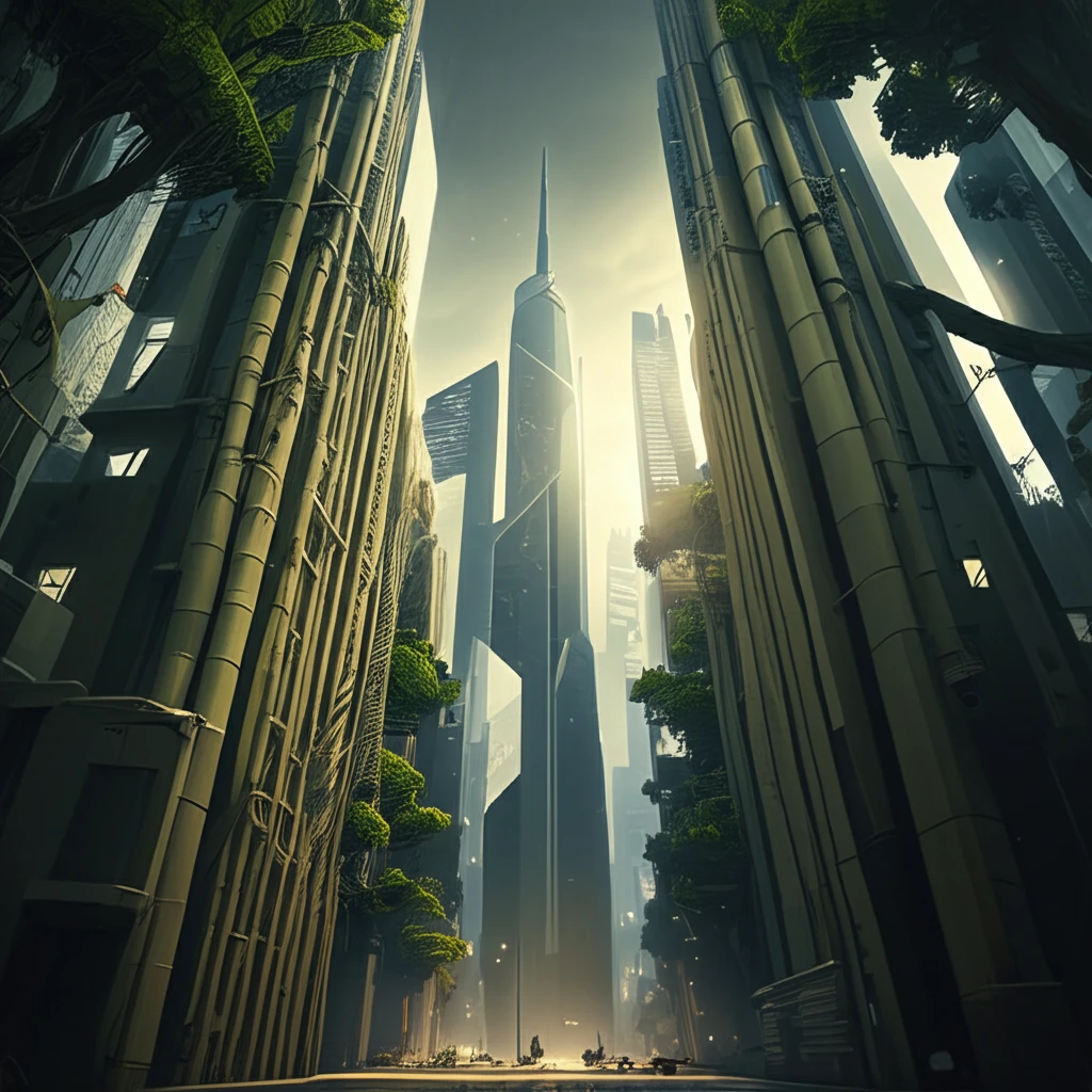 Futuristic city skyline built with bamboo composite columns.