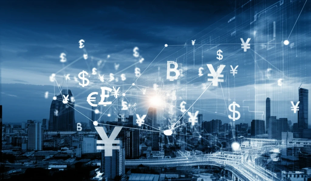 Interconnected financial symbols flowing through a global network.