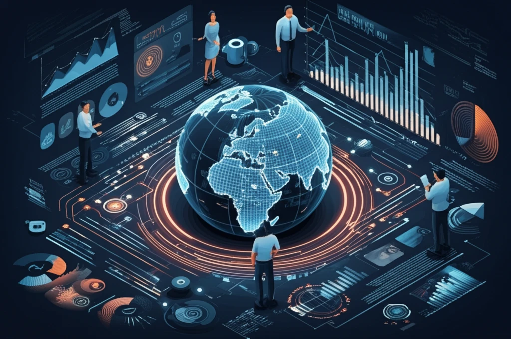 Diverse experts collaborate on a data-driven puzzle representing the global economy.