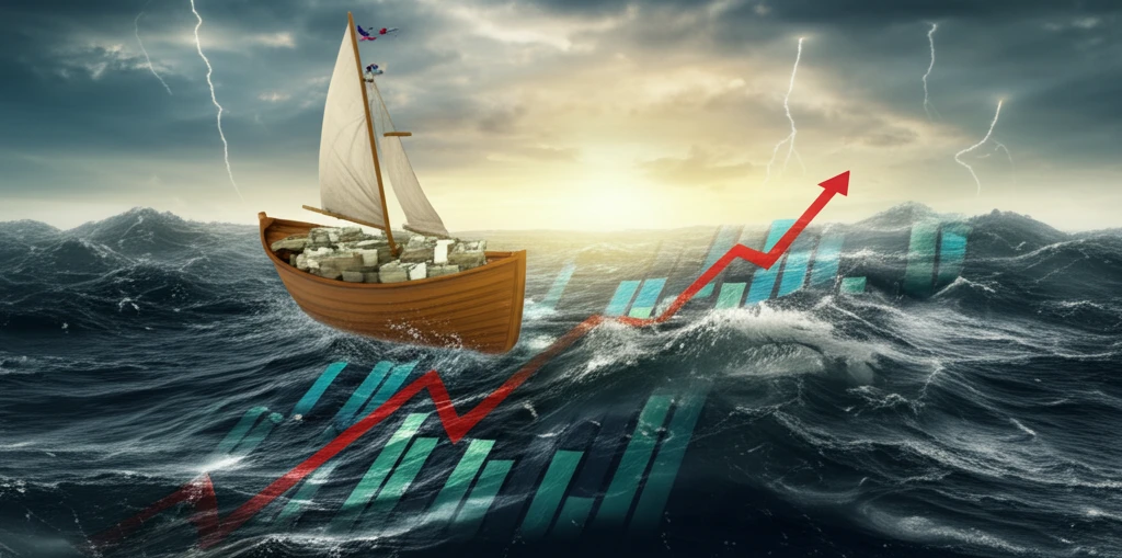 Boat sailing turbulent economy ocean