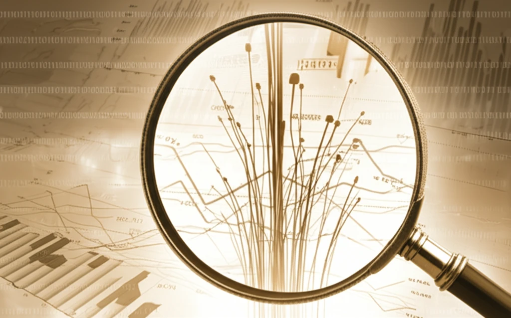 Data streams converging into a magnifying glass, symbolizing meta-analysis in auditing.