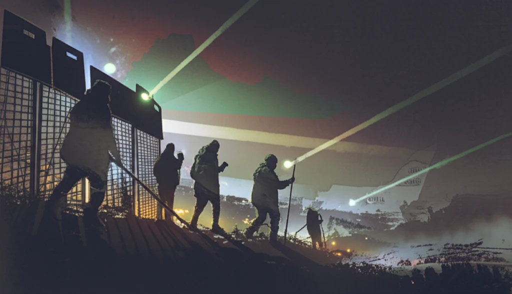 A dark, gritty illustration depicting the dangers of human trafficking across borders.