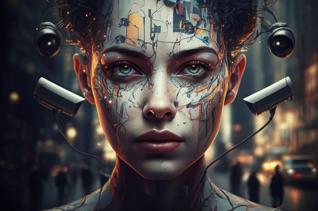 Intricate digital face representing facial recognition technology.