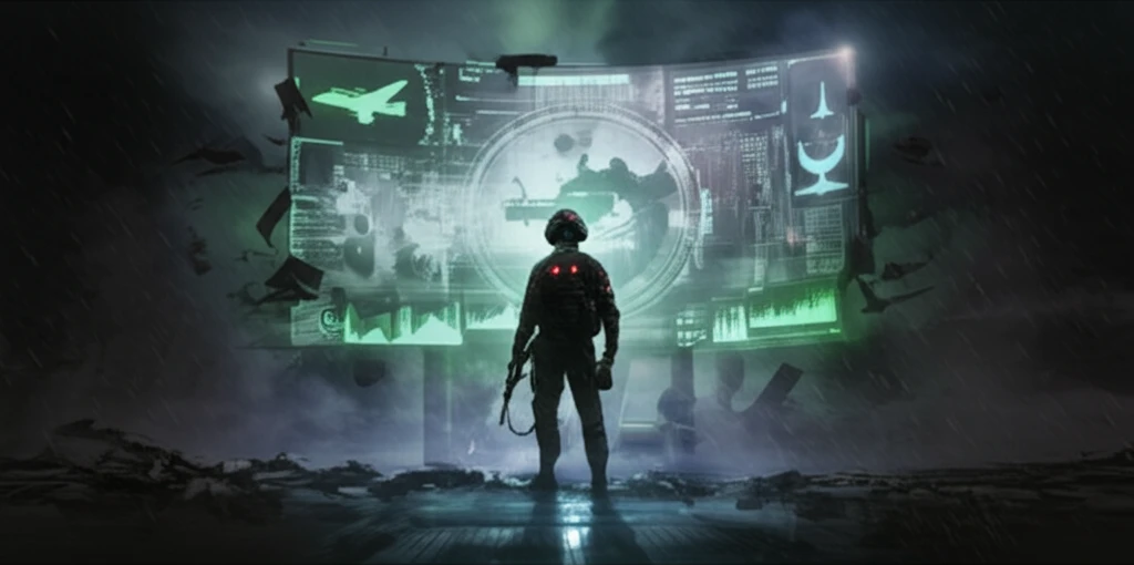 Surreal image representing the cultural impact of military video games.