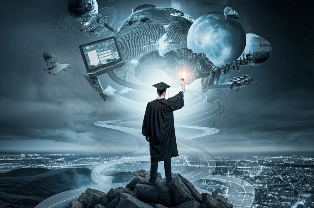 Graduate standing on a mountaintop, overlooking diverse career paths.