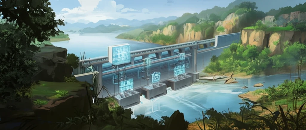 Futuristic dam with climate monitoring technology amidst drought-prone landscape