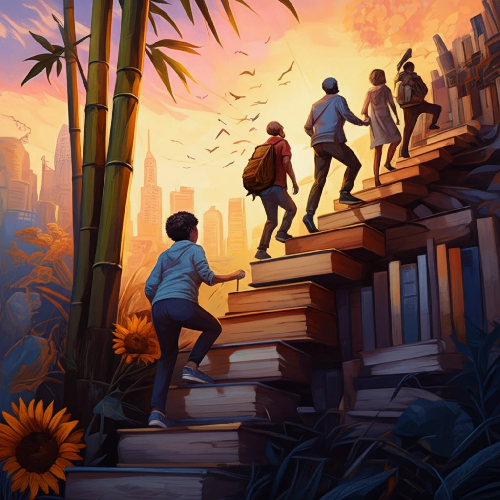 Urban immigrants climbing a staircase of books towards a glowing cityscape.