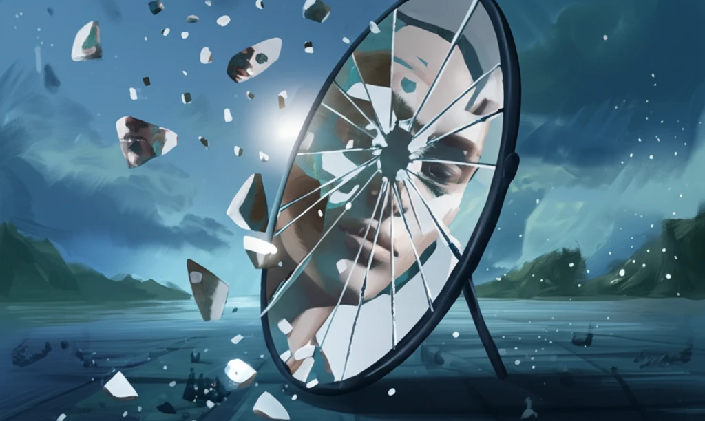 Shattered mirror reflecting fragmented identity.