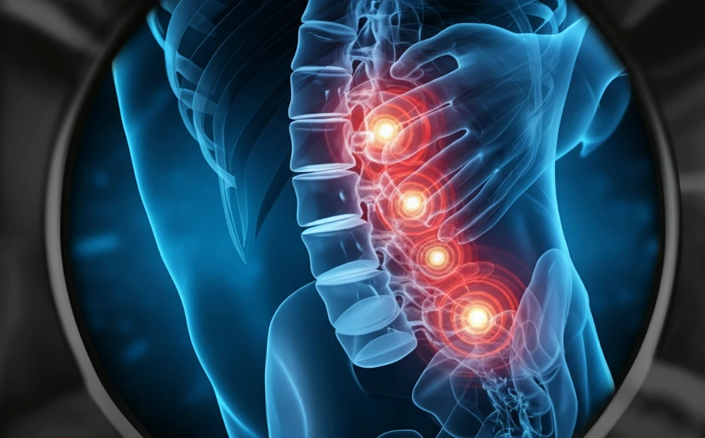 Endoscopic view of stylized spine highlighting pain sources