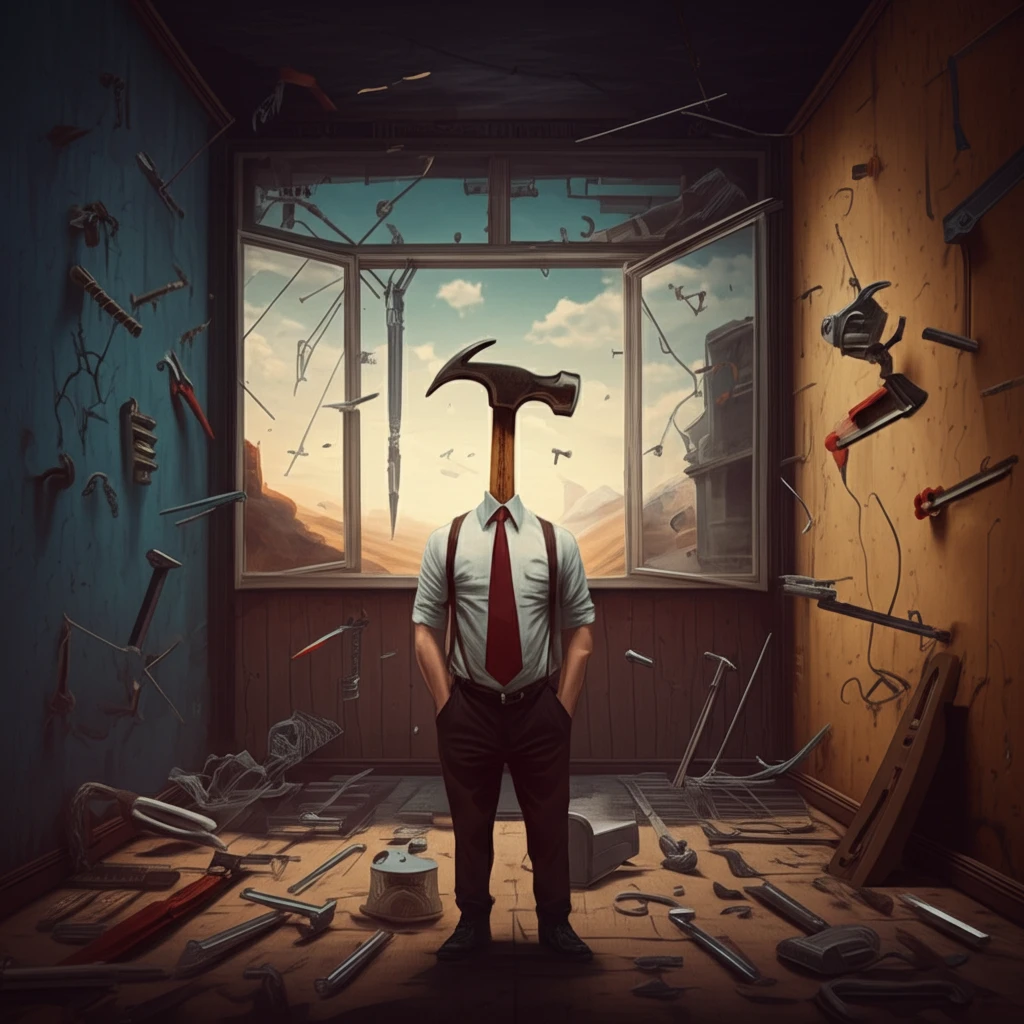 Image symbolizing the Einstellung Effect: a hammer-headed person in a world of nails.