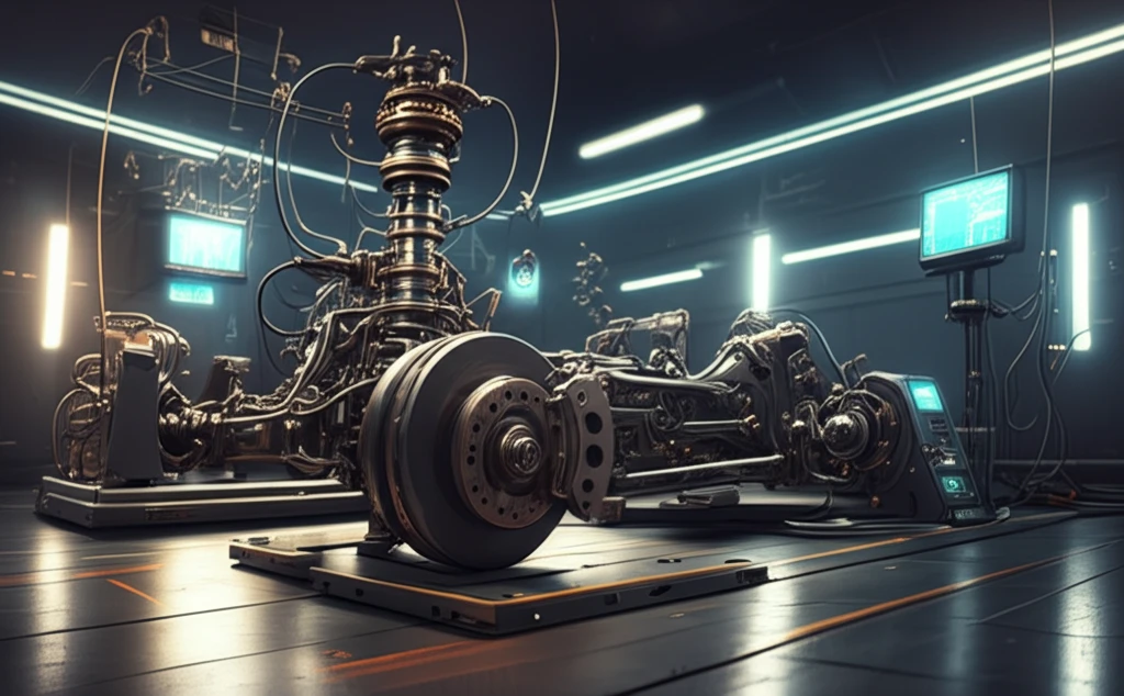 Advanced diagnostic tools analyzing a car suspension system.