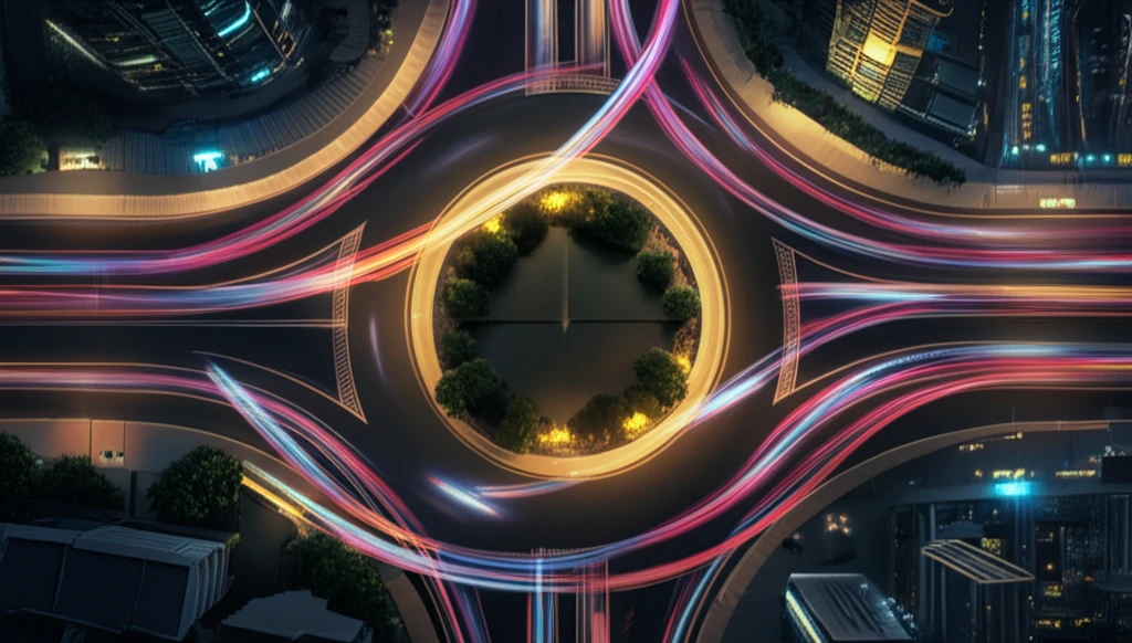 Roundabout intersection with colorful light trails representing vehicle paths.