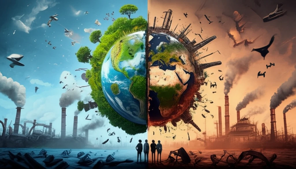 Earth split in half, one side thriving nature, the other side industrial decay.