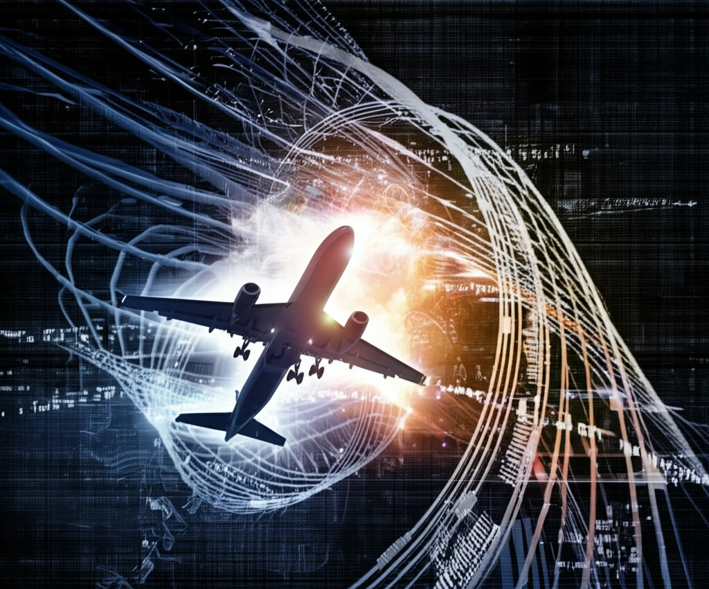 Aircraft in controlled spin, surrounded by swirling wind patterns and data visualizations.
