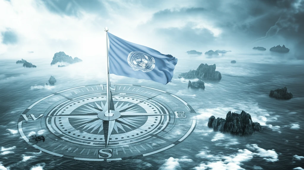 A compass pointing towards contested islands in a stormy sea, symbolizing the need for direction and resolution.