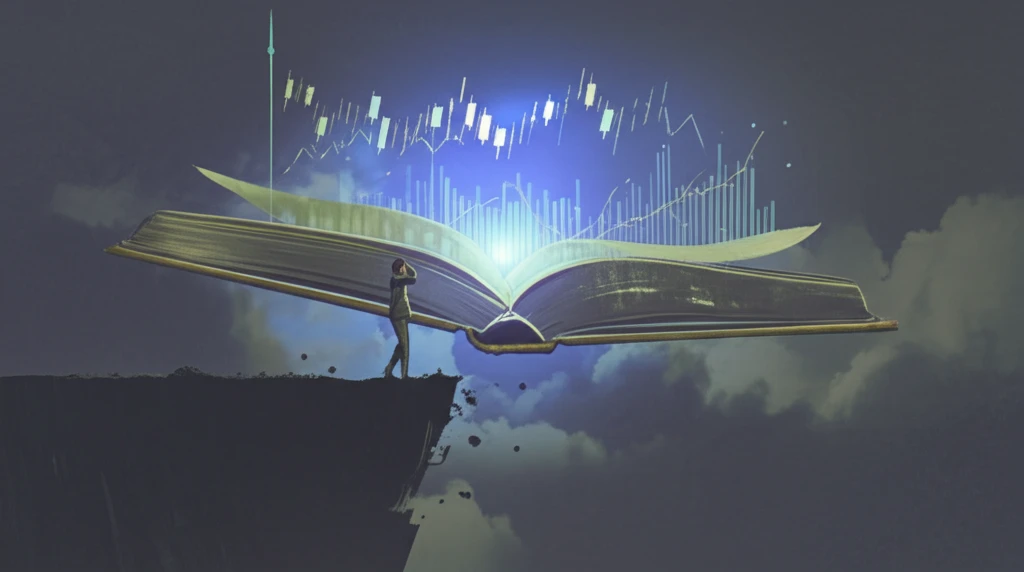 An investor walks blindly towards financial risk, ignoring the open book of accounting knowledge behind them.