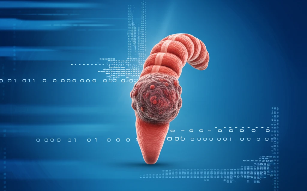 Surreal illustration of colon cancer metastasis to the umbilicus.