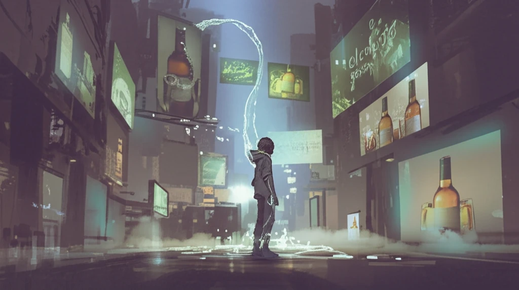 Teen surrounded by alcohol advertisements.