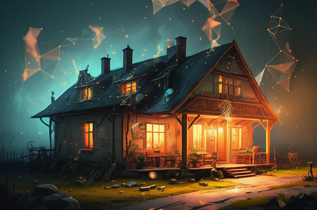 A house with a glowing thermal aura, representing energy consumption, visualized with a data network.