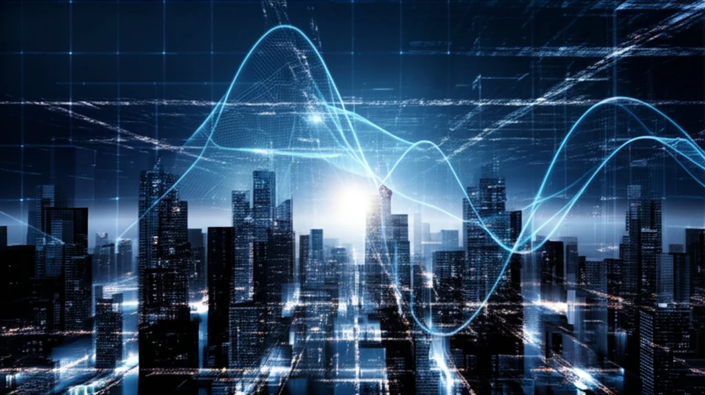 Futuristic cityscape representing data-driven product demand forecasting with geometric Brownian motion.