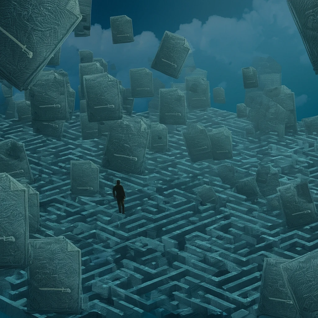 A surreal illustration of a foreign worker lost in a legal document labyrinth in Saudi Arabia.