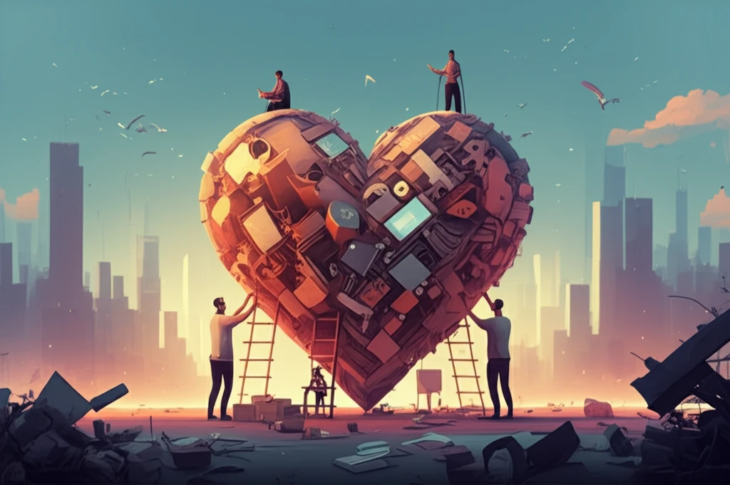 Diverse employees building a heart symbolizes corporate philanthropy boosting workplace harmony.
