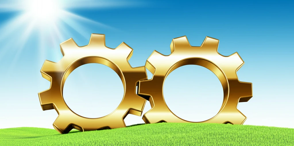 Two interlocking gears against a backdrop of a green landscape, symbolizing strategic alliances and sustainability.