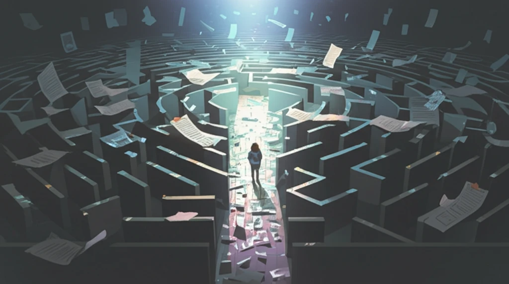 A person navigating a complex maze of welfare documents.