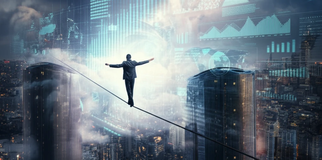 Person confidently balancing on a tightrope between exploration and exploitation.
