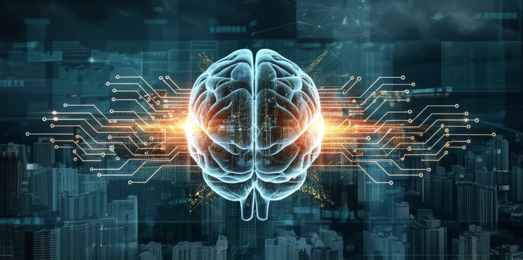 Abstract illustration of a brain surrounded by circuits, symbolizing knowledge worker productivity.