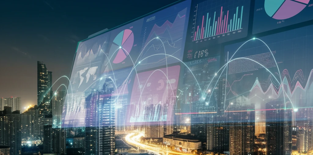 Futuristic cityscape with economic indicators illustrating panel data forecasting.