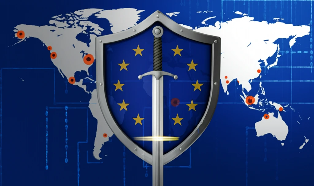 EU flag with shield and sword, symbolizing security and defense.