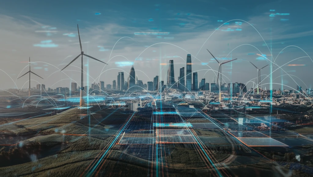 Futuristic smart grid integrating renewable energy and a connected city.
