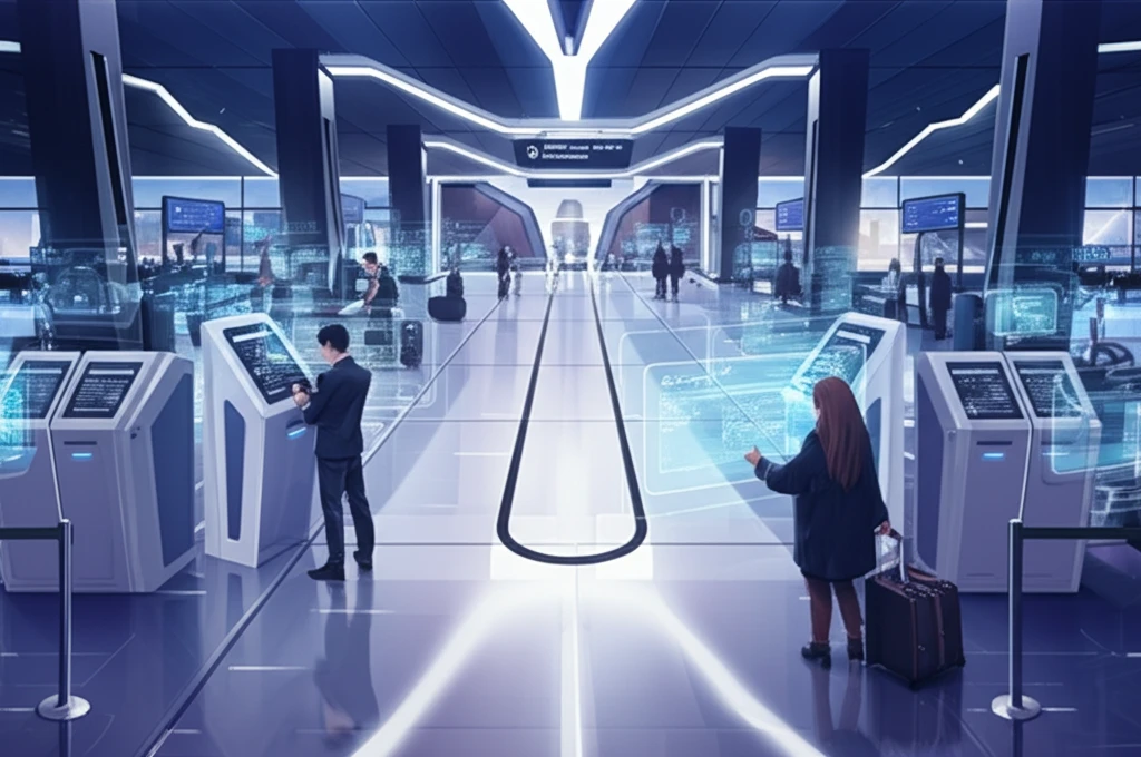 Futuristic airport terminal with self-check-in kiosks