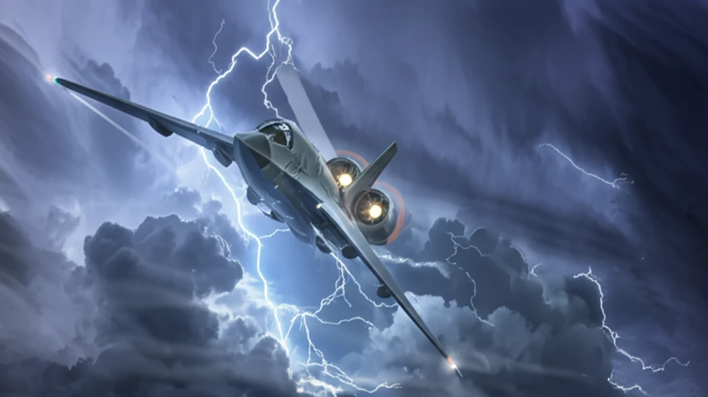 Futuristic aircraft navigating turbulent skies with advanced control systems.