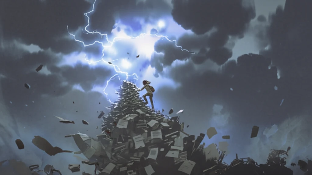 A person climbing a mountain of paperwork under stormy skies, representing the challenges of workplace grit.