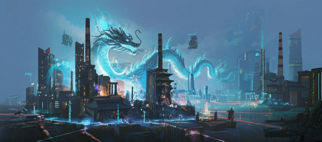 Chinese cityscape with interconnected university buildings and factories