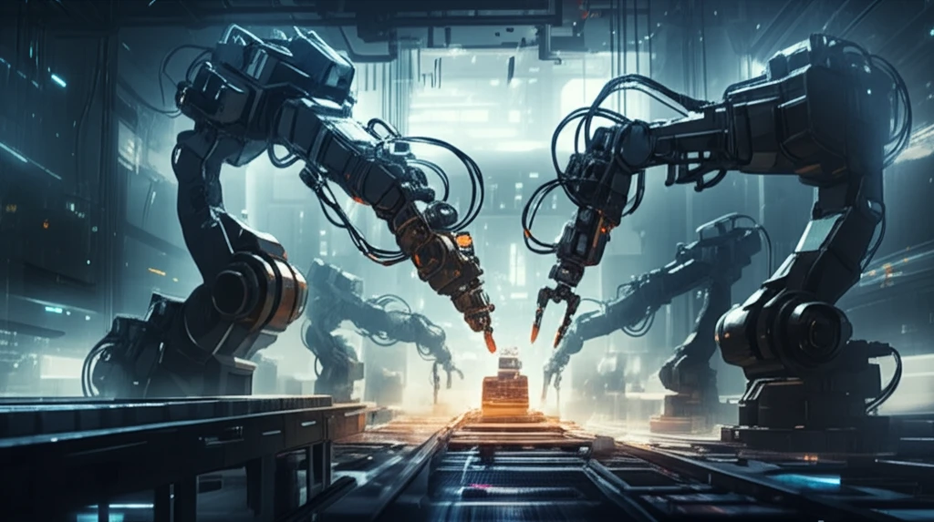 Futuristic assembly line with robotic arms assembling products efficiently.