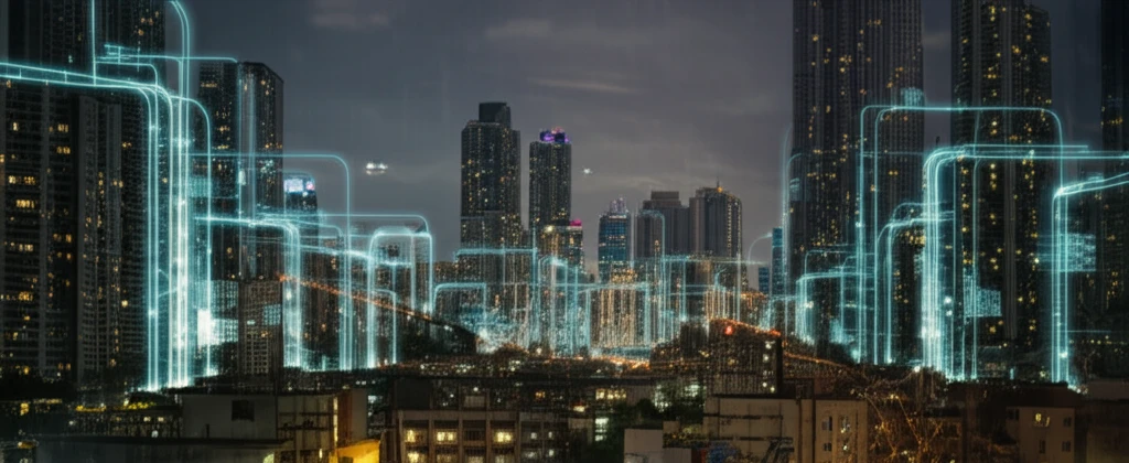 City skyline with glowing transport lines, representing smart urban mobility.