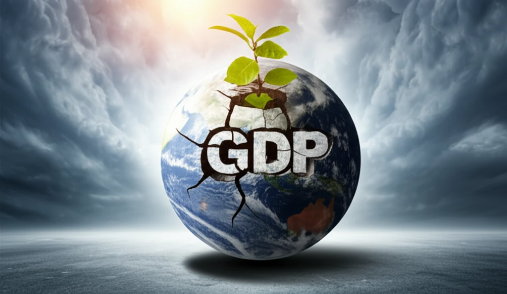 Earth with cracked GDP symbol and growing plants