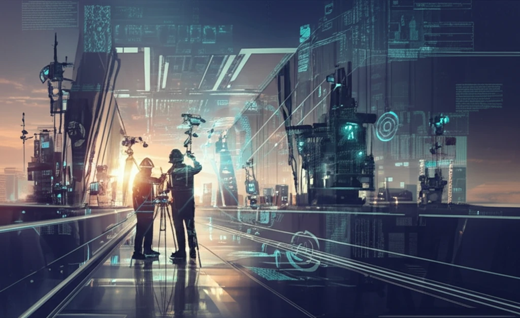 Futuristic bridge inspection with advanced technology.