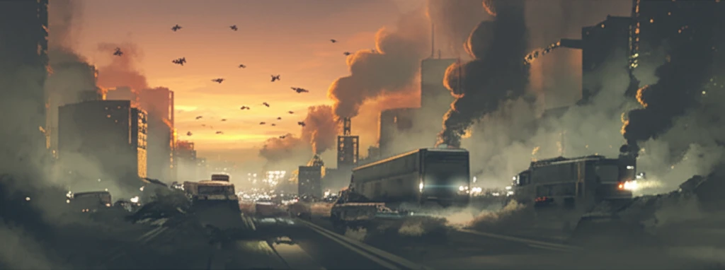 Cityscape with smog and various types of vehicles emitting pollutants