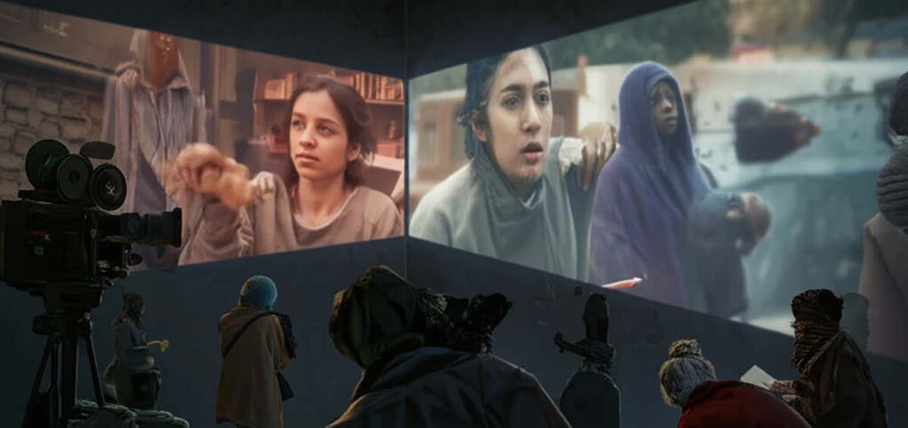 Film camera projecting scenes of social injustice.